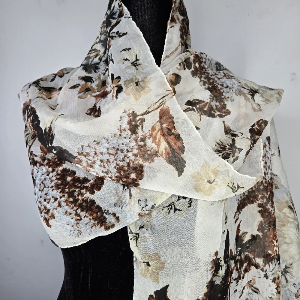 Chiffon Autumn Floral Cream Brown Sheer 72